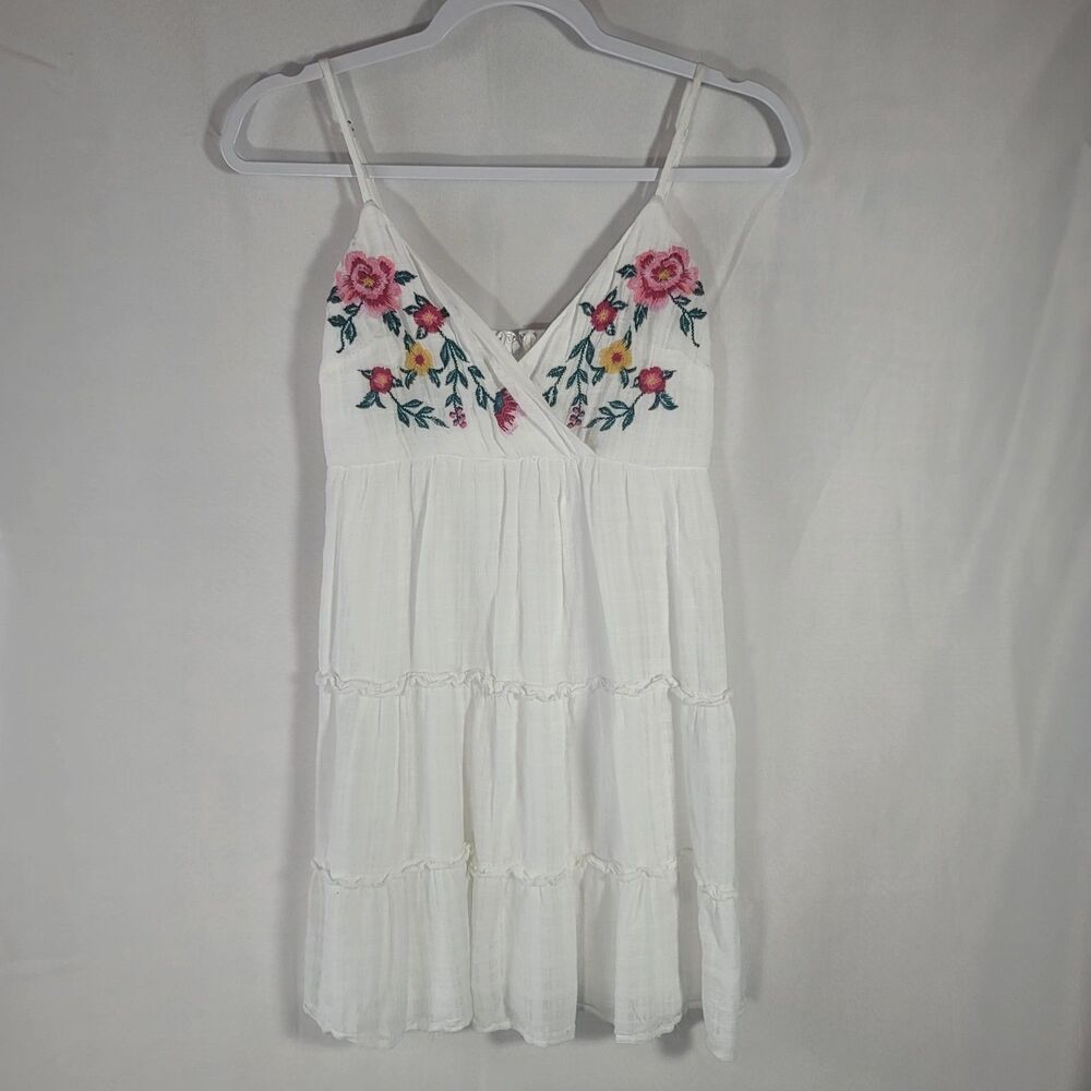 Mi Ami Francescas White Tiered Boho Gauzy Mini Dress Floral Embroidered Size XXS